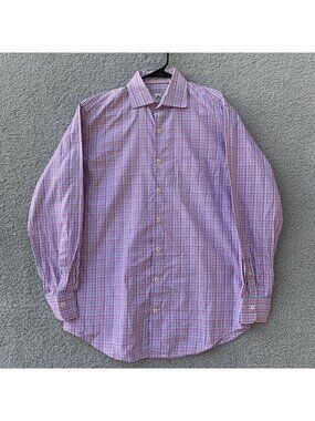 Peter Millar Mens Shirt Medium Blue Purple Pink Plaid Button Long Sleeve